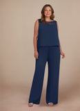 Plus Size 3-Piece Beaded Scoop Neck Chiffon Lace Mother of the Bride Pant Suit with Jacket