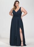 Plus Size A-line V-Neck Floor-Length Chiffon Bridesmaid Dress With Ruffle