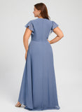 Plus Size A-line V-Neck Asymmetrical Chiffon Bridesmaid Dress With Ruffle