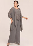 3-Piece Beaded Scoop Neck Scallop Lace Hem Sleeveless Top, 3/4 Sleeve Asymmetric Chiffon Jacket & Wide-Leg Pants Mother of the Bride Pantsuit