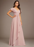 A-line V-Neck Floor-Length Chiffon Bridesmaid Dress With Ruffle