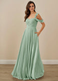 Pleated Off Shoulder Chiffon A-Line Bridesmaid Dress