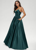 Ball-Gown/Princess V-Neck Floor-Length Satin Prom Dresses With Pleated