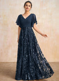 A-line V-Neck Floor-Length Lace Sequin Chiffon Mother of the Bride Dress With Pleated