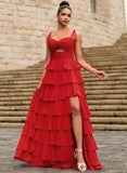 A-line Sweetheart Floor-Length Chiffon Prom Dresses With 3D Floral Cascading Ruffles