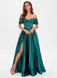 A-line Off the Shoulder Floor-Length Satin Prom Dresses With Pleated