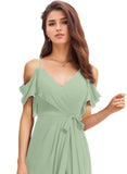 A-line, V-Neck, Floor-Length, Chiffon Bridesmaid Dress, With Ruffle, Off the Shoulder