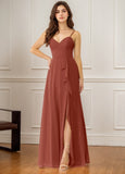 A-line V-Neck Floor-Length Chiffon Bridesmaid Dress With Ruffle