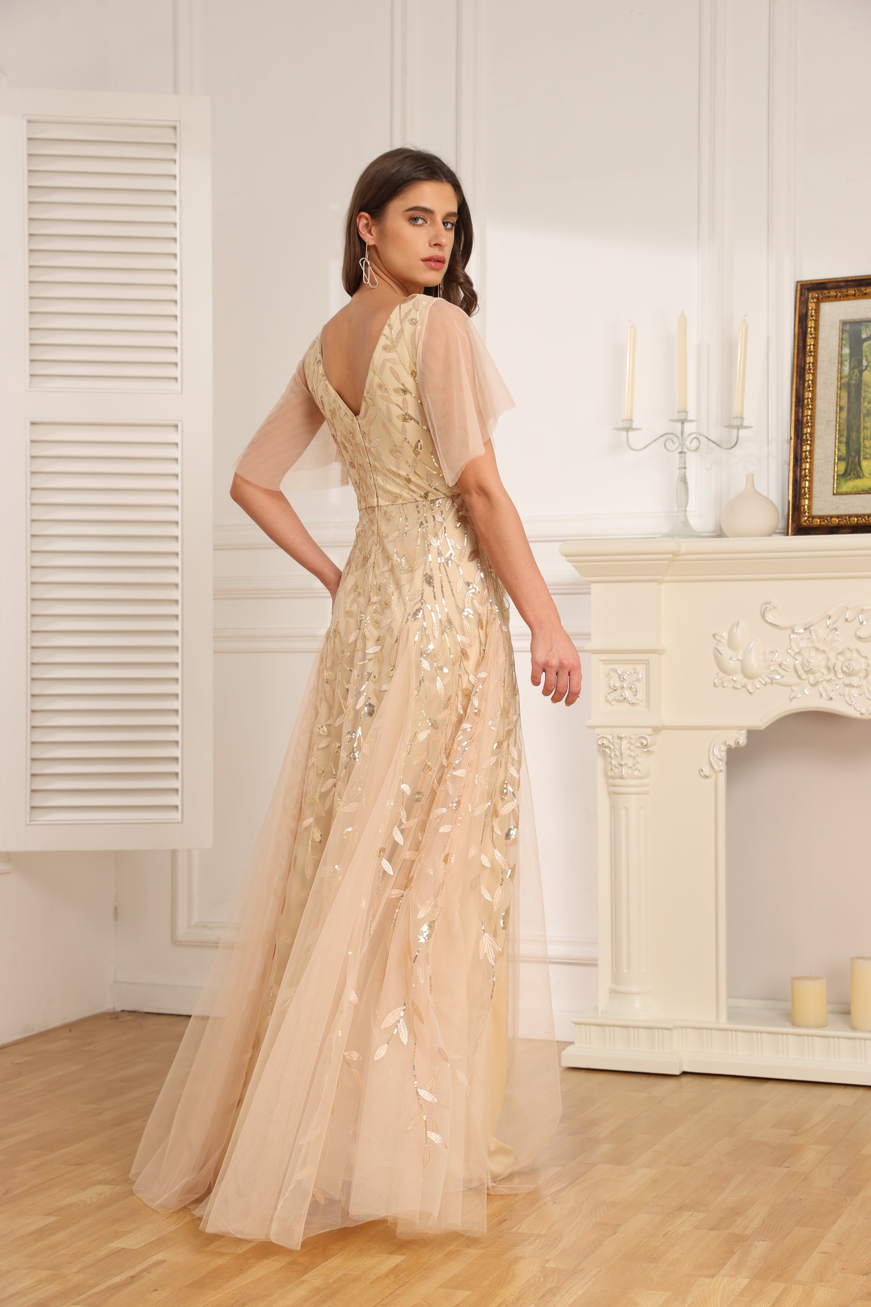 A-line V-Neck Floor-Length Chiffon Formal Dress With Ruffle