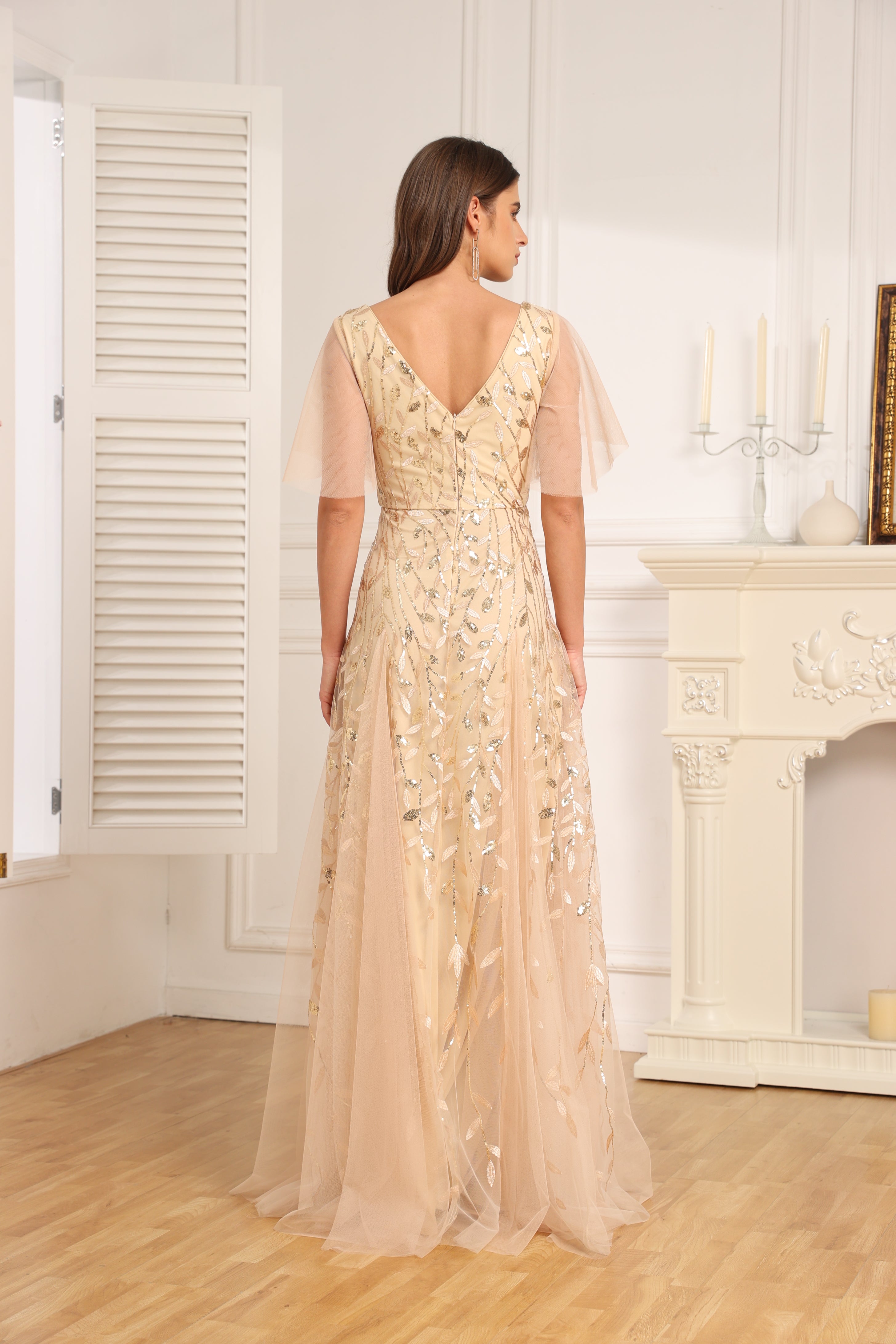 A-line V-Neck Floor-Length Chiffon Formal Evening Dress With Ruffle