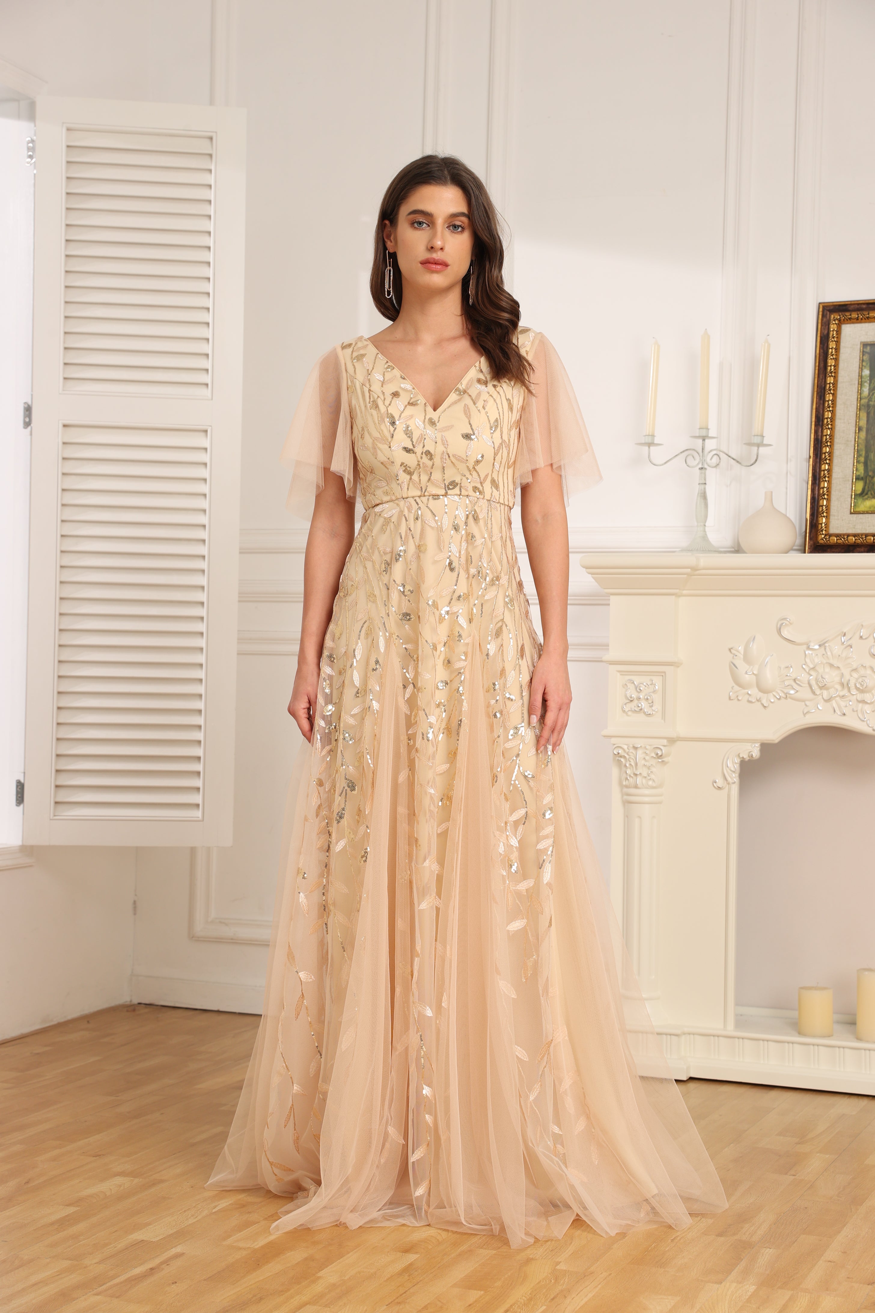 A-line V-Neck Floor-Length Chiffon Wedding Guest Dress With Ruffle