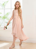 A-line V-Neck Asymmetrical Chiffon Junior Bridesmaid Dress With Cascading Ruffles