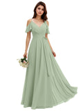 A-line V-Neck Floor-Length Chiffon Bridesmaid Dress With Ruffle
