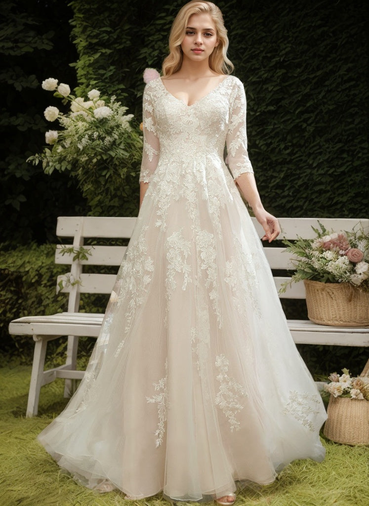 A-line V-Neck Sweep Train Tulle Lace Wedding Dress With Sequins