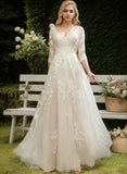 A-line V-Neck Sweep Train Tulle Lace Wedding Dress With Sequins