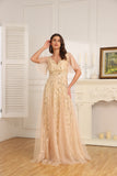 A-line V-Neck Floor-Length Tulle Lace Mother of the Bride Dress With Sequins