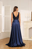 A-Line V-Neck Floor-Length Lace Satin Evening Dress With Sequins