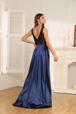 A-Line V-Neck Floor-Length Lace Satin Evening Dress With Sequins