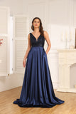 A-Line V-Neck Floor-Length Lace Satin Evening Dress With Sequins