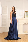 A-Line V-Neck Floor-Length Lace Satin Evening Dress With Sequins