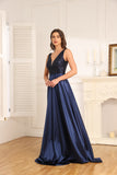 A-Line V-Neck Floor-Length Lace Satin Evening Dress With Sequins