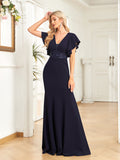 Trumpet/Mermaid V-Neck Floor-Length Chiffon Evening Dress With Ruffles