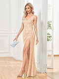 A-line V-Neck Floor-Length Lace Sequin Evening Dress With Beading