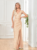 A-line V-Neck Floor-Length Lace Sequin Evening Dress With Beading