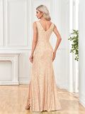 A-line V-Neck Floor-Length Lace Sequin Evening Dress With Beading