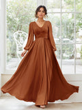 A-Line/Princess V-Neck Long Sleeves Chiffon Long Bridesmaid Dresses With Pockets