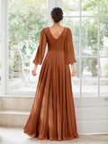 A-Line/Princess V-Neck Long Sleeves Chiffon Long Bridesmaid Dresses With Pockets