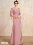 A-line Scoop Illusion Floor-Length Lace Chiffon Mother of the Bride Dress With Sequins Pleated