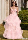 Ball Gown V Neck Sweep Train Tulle Prom Dress with Appliqued Beading Ruffles