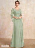 A-line Scoop Illusion Floor-Length Lace Chiffon Mother of the Bride Dress With Sequins Pleated