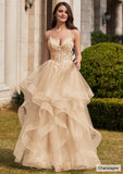 Ball Gown V Neck Sweep Train Tulle Prom Dress with Appliqued Beading Ruffles