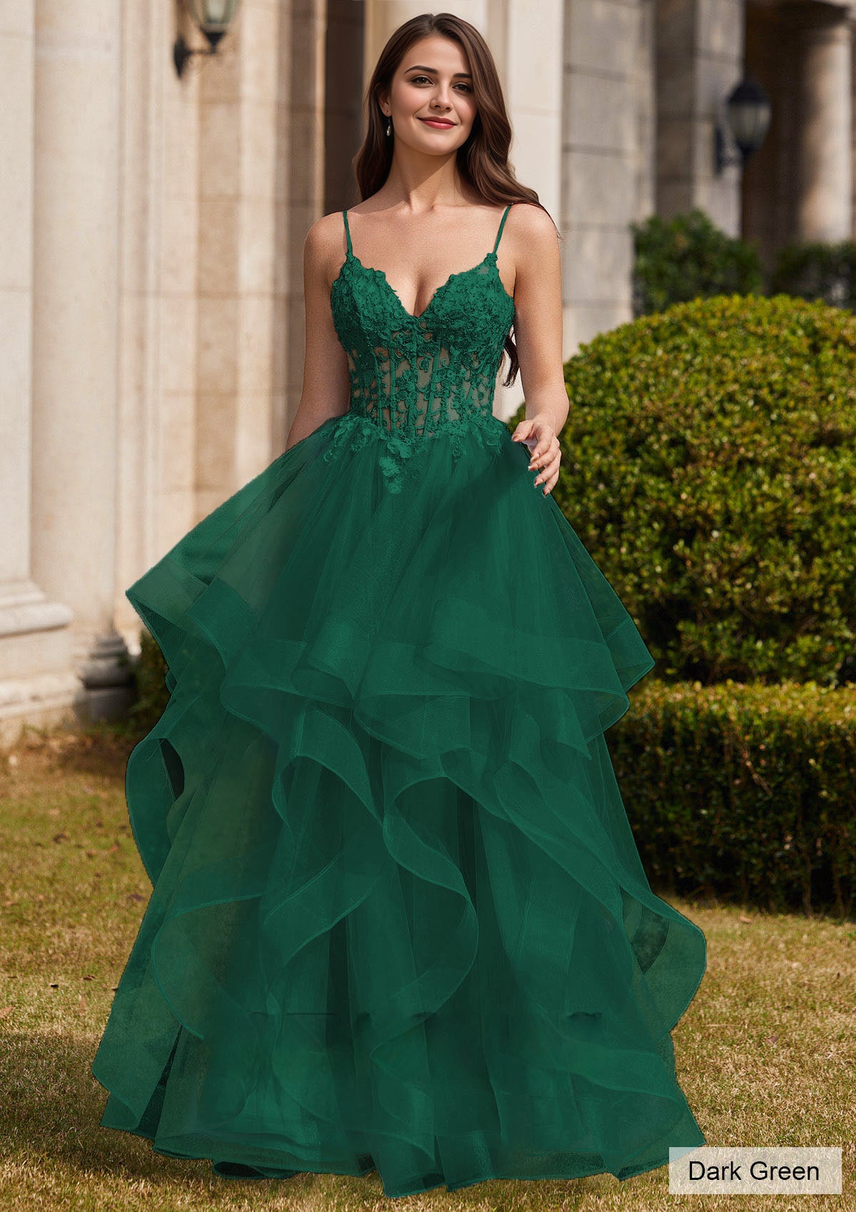 Ball Gown V Neck Sweep Train Tulle Prom Dress with Appliqued Beading R RoseProm Ball Gown V Neck Sweep Train Tulle Prom Dress with Appliqued Beading R RoseProm