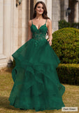 Ball Gown V Neck Sweep Train Tulle Prom Dress with Appliqued Beading Ruffles