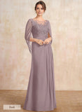 A-line Scoop Illusion Floor-Length Lace Chiffon Mother of the Bride Dress With Sequins Pleated