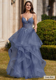 Ball Gown V Neck Sweep Train Tulle Prom Dress with Appliqued Beading Ruffles