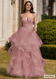 Ball Gown V Neck Sweep Train Tulle Prom Dress with Appliqued Beading Ruffles