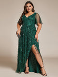 Short Sleeves Sequin High Low V-Neck Midi Formal Evening Dress