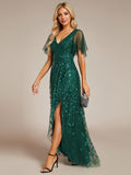 Short Sleeves Sequin High Low V-Neck Midi Formal Evening Dress