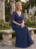 V-Neck Lace Applique Chiffon Mother of the Bride Dress with Cape Sleeves