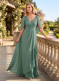 V-Neck Lace Applique Chiffon Mother of the Bride Dress with Cape Sleeves