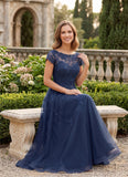 Cap Sleeve Bateau Neck Lace Applique A-Line Formal Dress with Tulle Dress