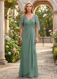 V-Neck Lace Applique Chiffon Mother of the Bride Dress with Cape Sleeves