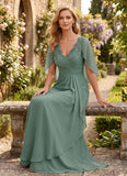 V-Neck Lace Applique Chiffon Mother of the Bride Dress with Cape Sleeves