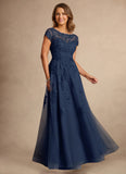 Cap Sleeve Bateau Neck Lace Applique A-Line Formal Dress with Tulle Dress