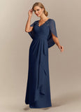 V-Neck Lace Applique Chiffon Mother of the Bride Dress with Cape Sleeves