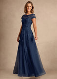 Cap Sleeve Bateau Neck Lace Applique A-Line Formal Dress with Tulle Dress